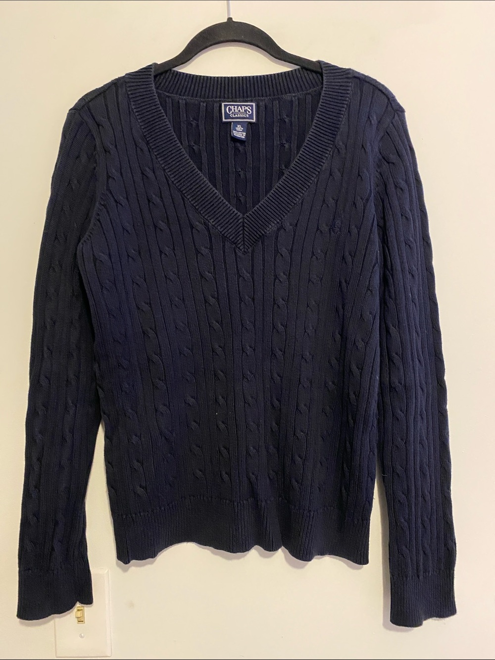 Chaps Cable Knit V-Neck Sweater - Navy Blue